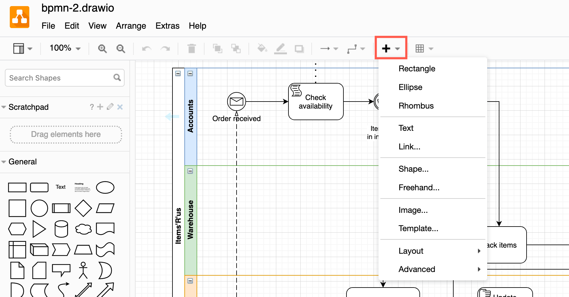 You can insert a wide range of shapes, text, links, layouts, images, templates and more via the Insert tool on the toolbar in draw.io