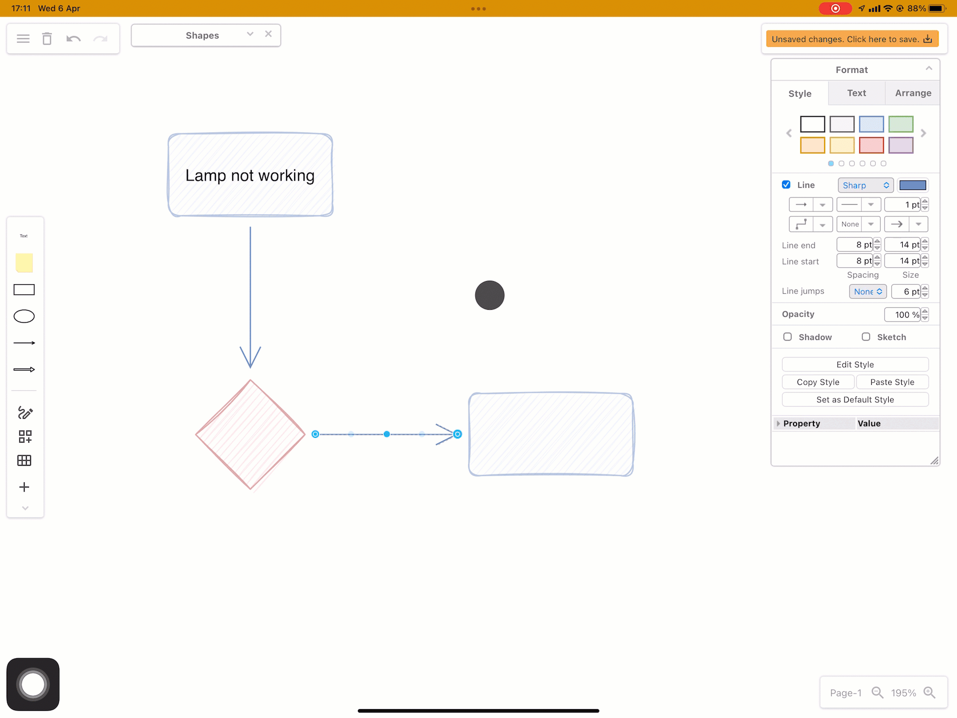Tap on a shape, pause, then tap again to open the context menu on a touch screen when using draw.io