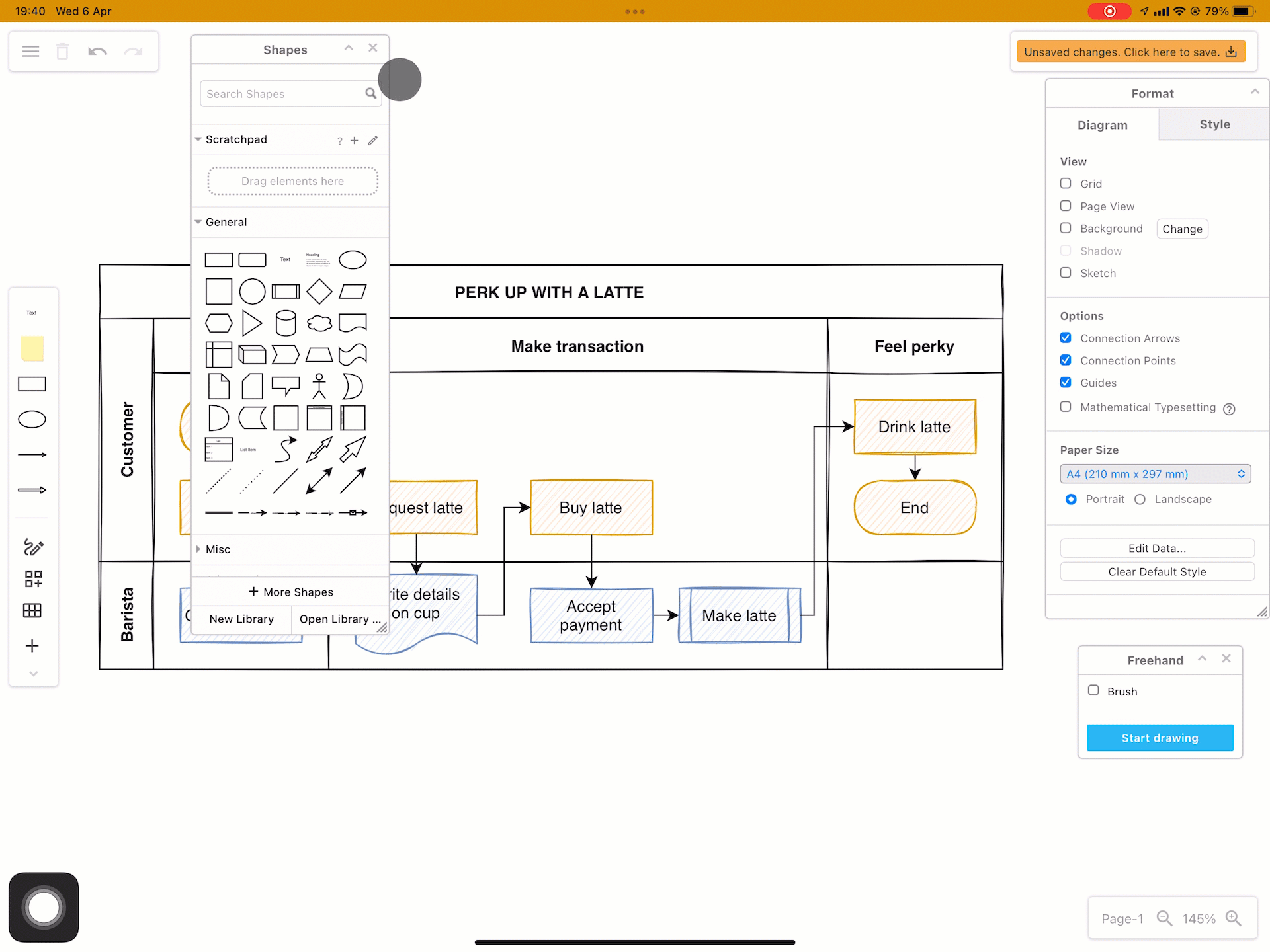 Move the floating panels around the drawing canvas and minimise them for more space when using draw.io on a tablet