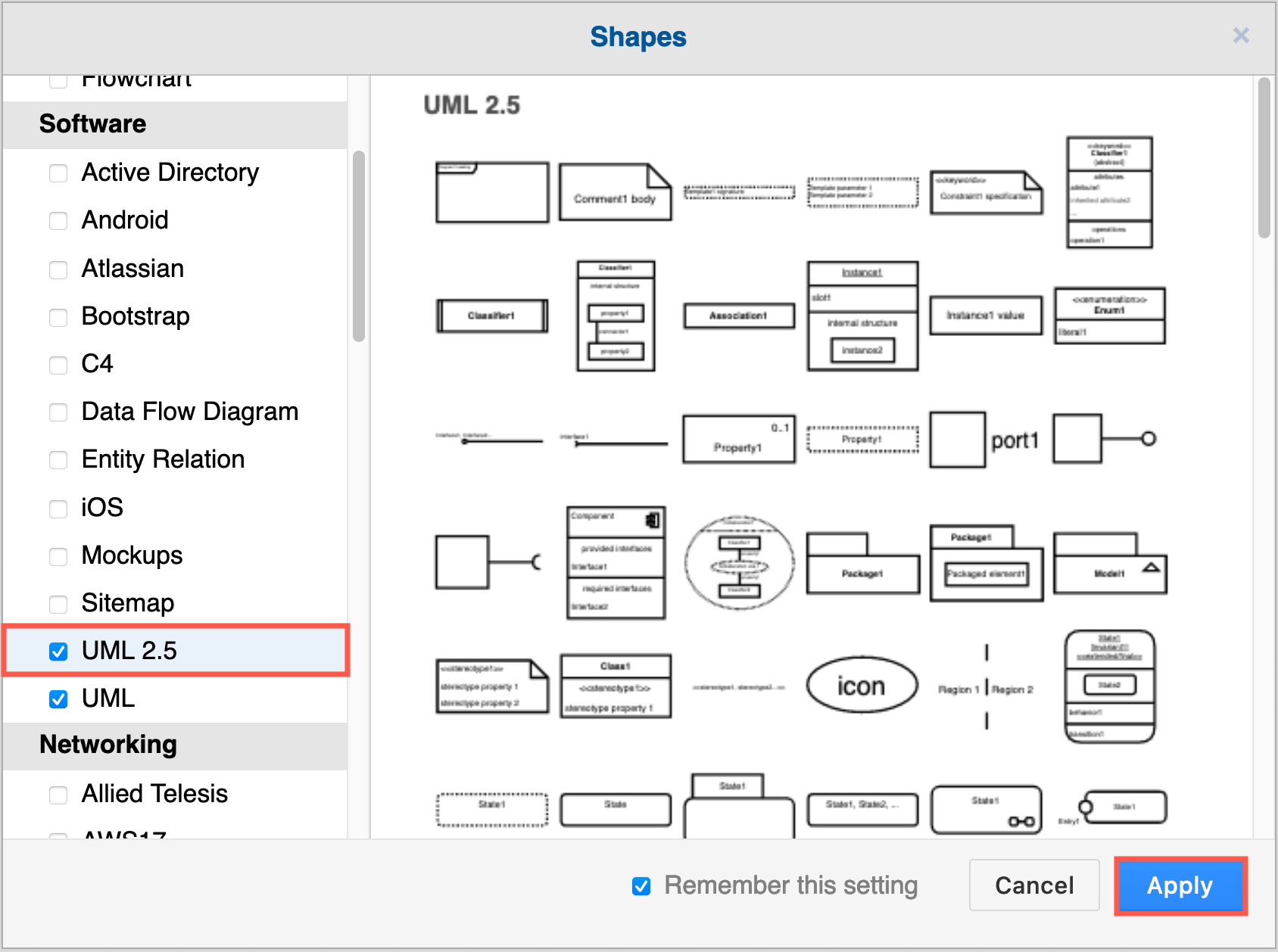 Enable the UML 2.5 shape library, and the older UML library if you wish to use those shapes