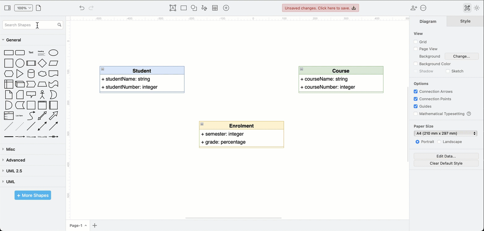 Connect an association class in a UML class diagram in draw.io with a waypoint shape