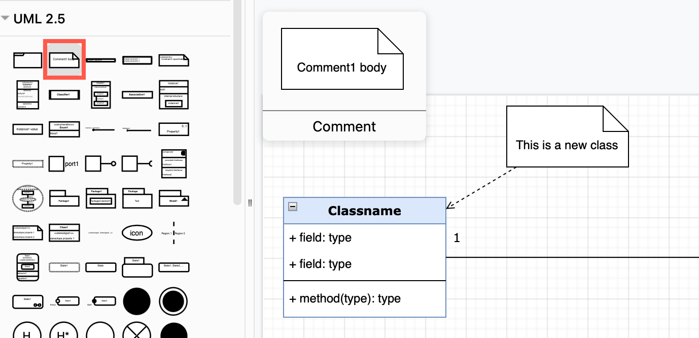 Add comments and constraints from the UML 2.5 shape library in draw.io