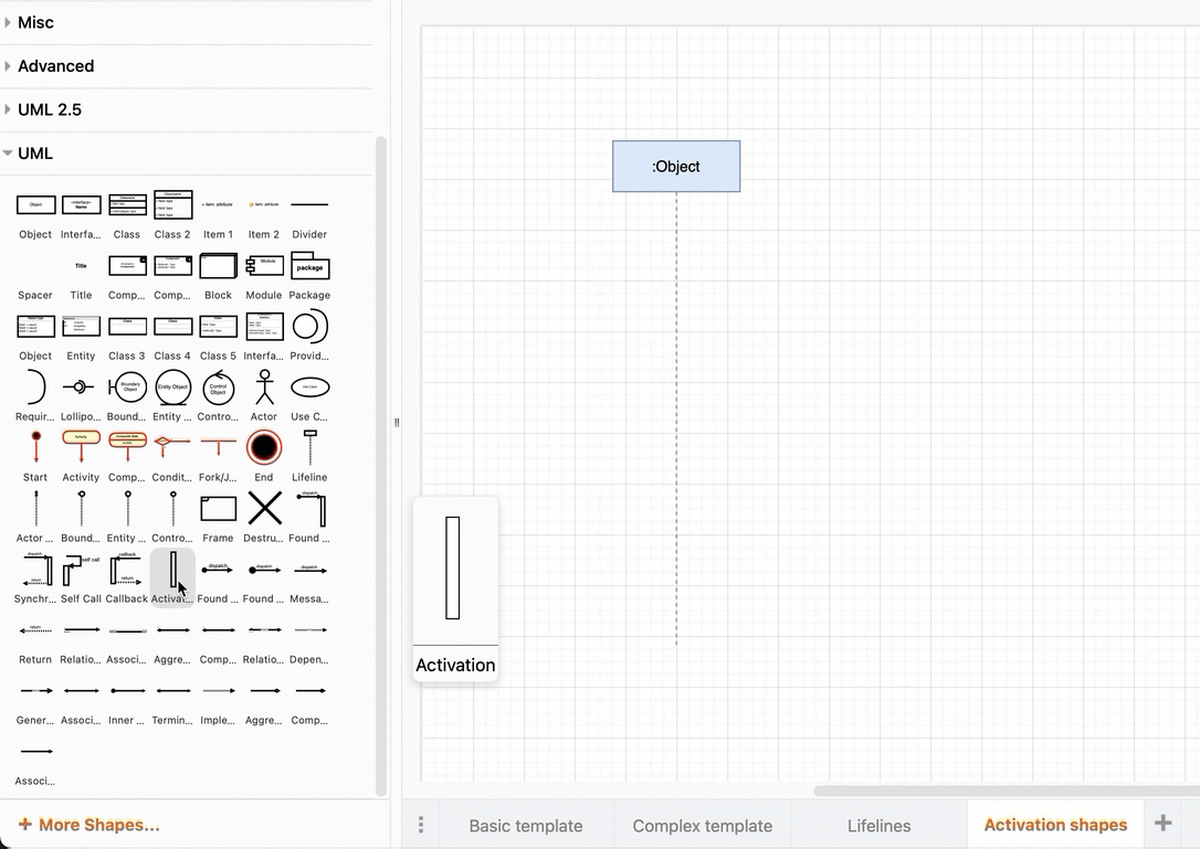 Drop activation shapes onto lifelines from the UML shape library to draw a sequence diagram in draw.io