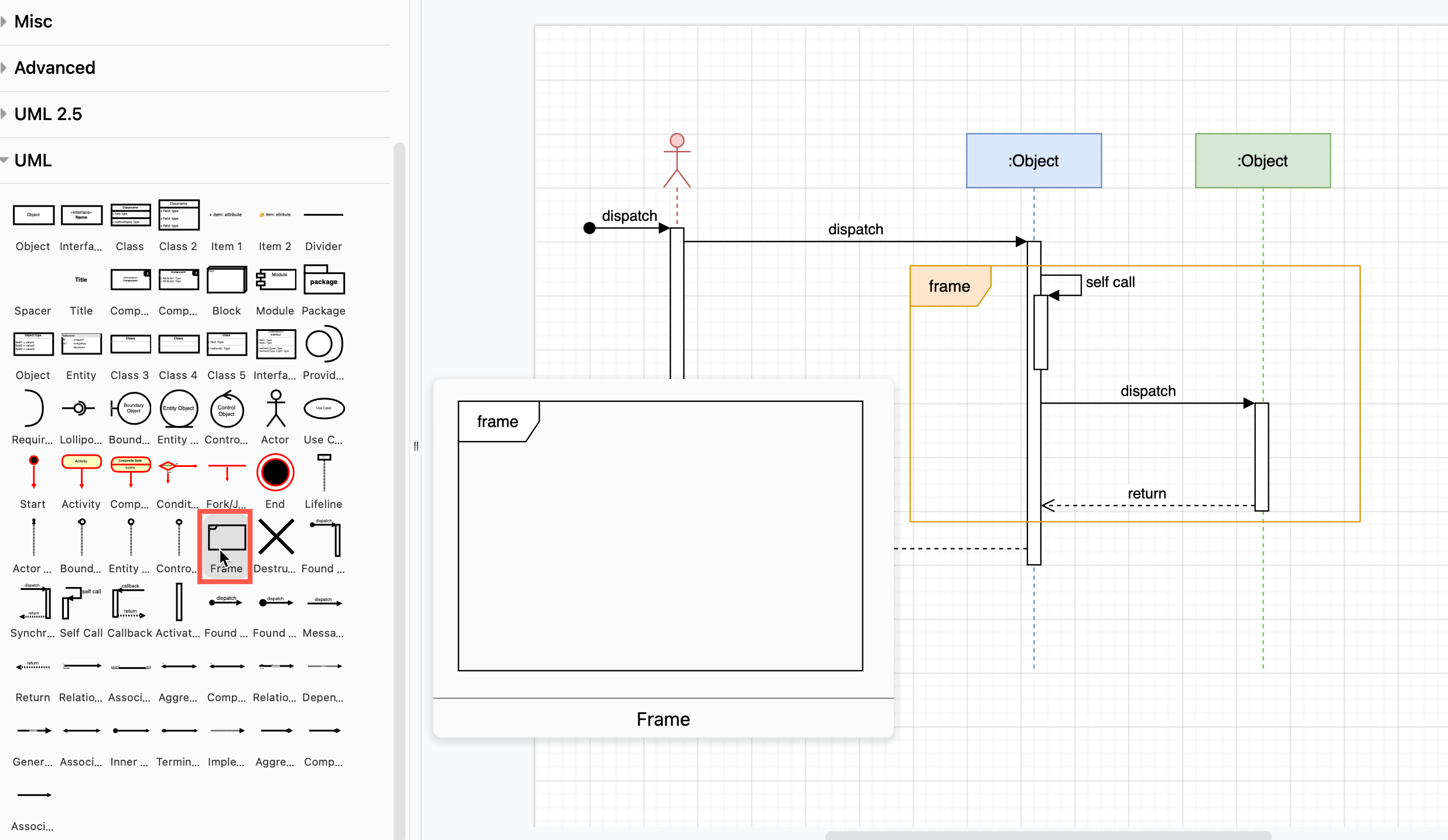 Use the Frame shape in the UML shape library to draw a sequence diagram in draw.io