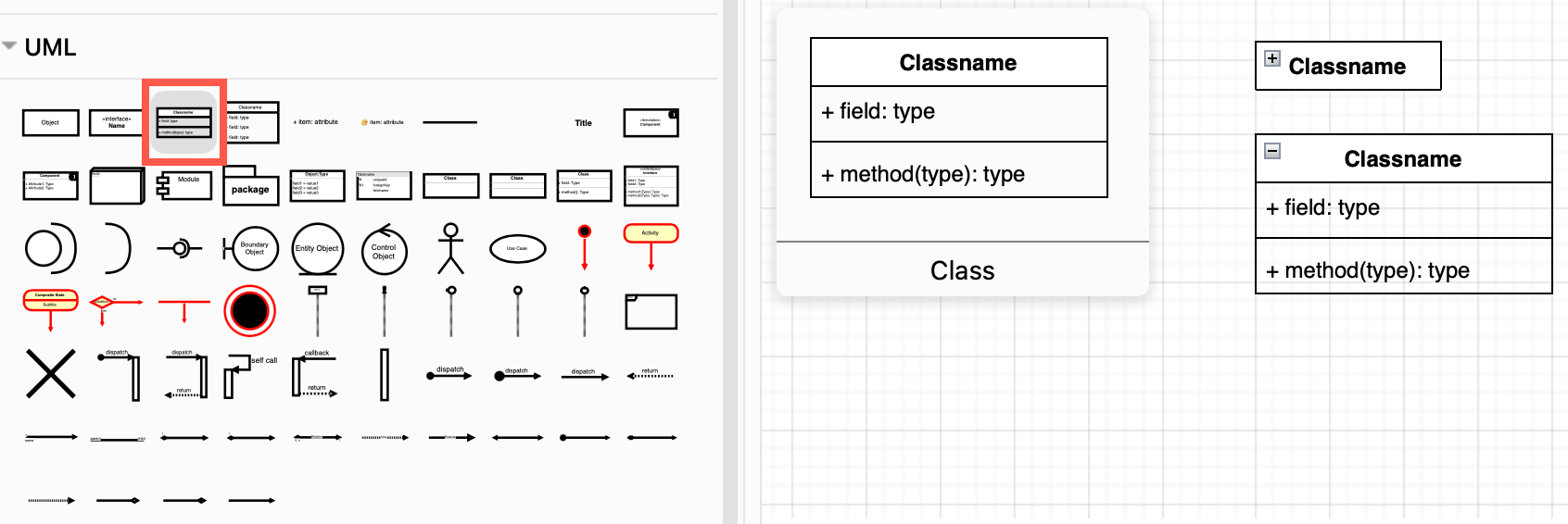 The first few class shapes in the UML shape library are collapsible