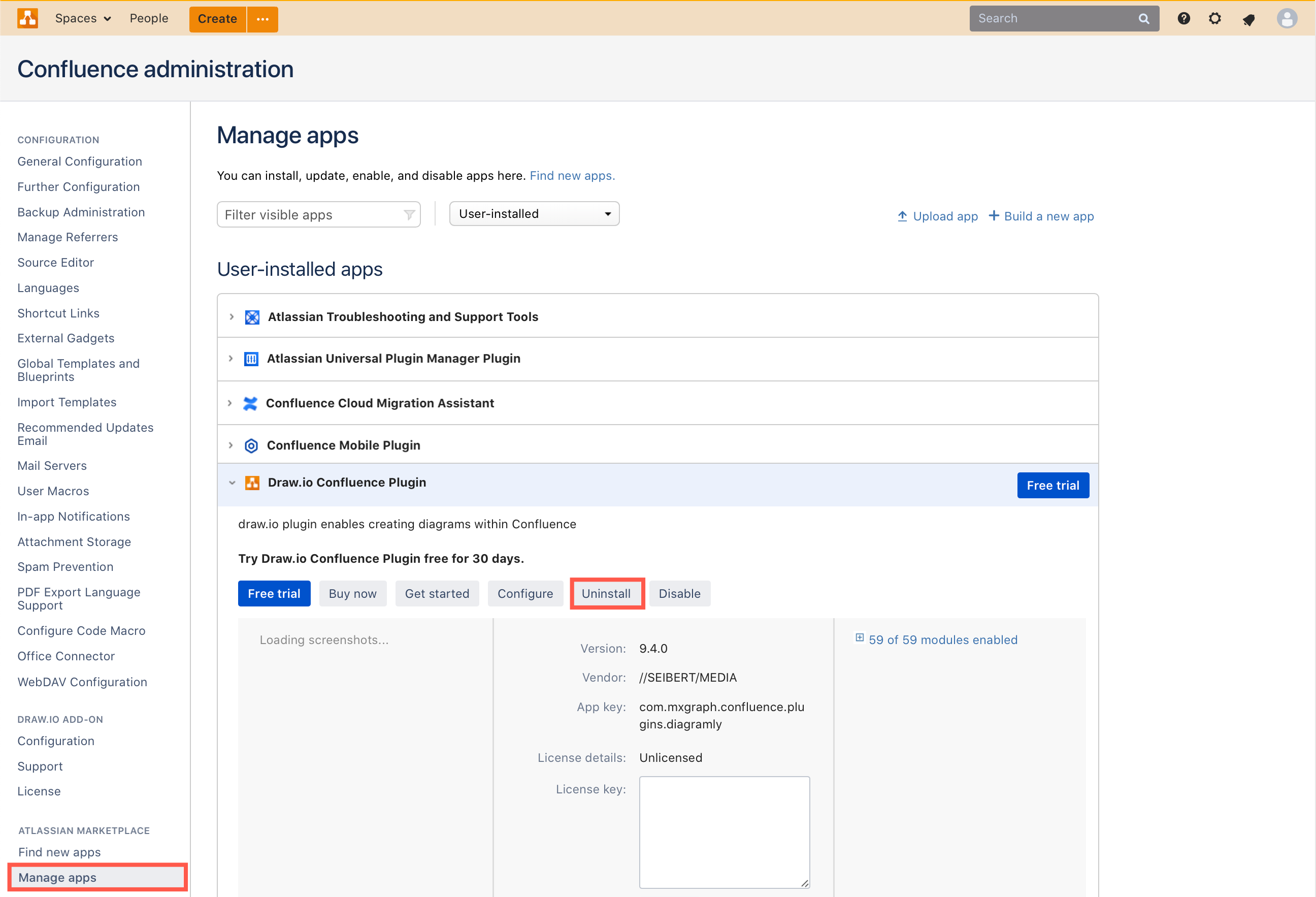 Uninstall the draw.io app from Confluence Server