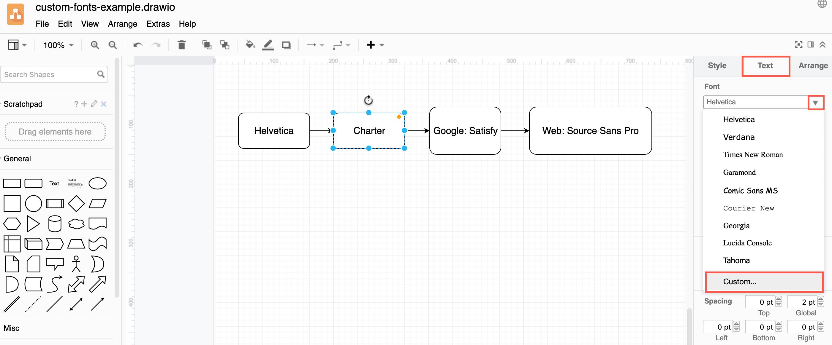 Open the custom font selector via the Text tab in the format panel