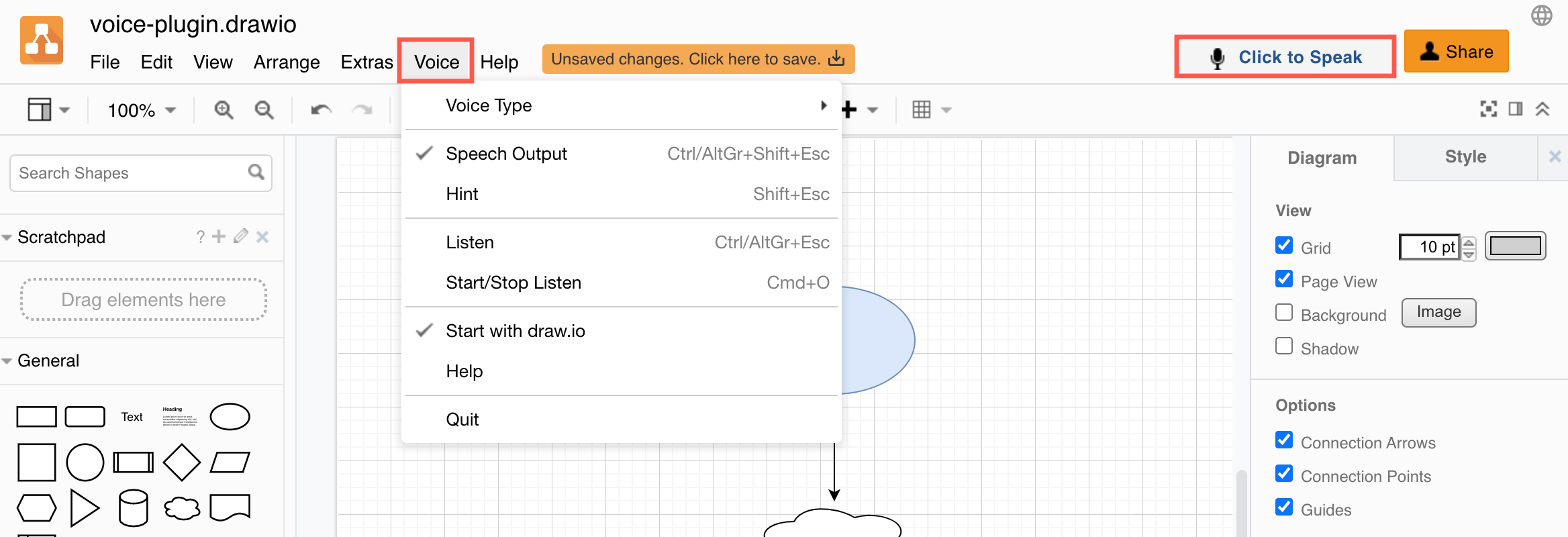 Interact with your diagram by speaking to it via the Voice menu provided by the voice plugin in draw.io