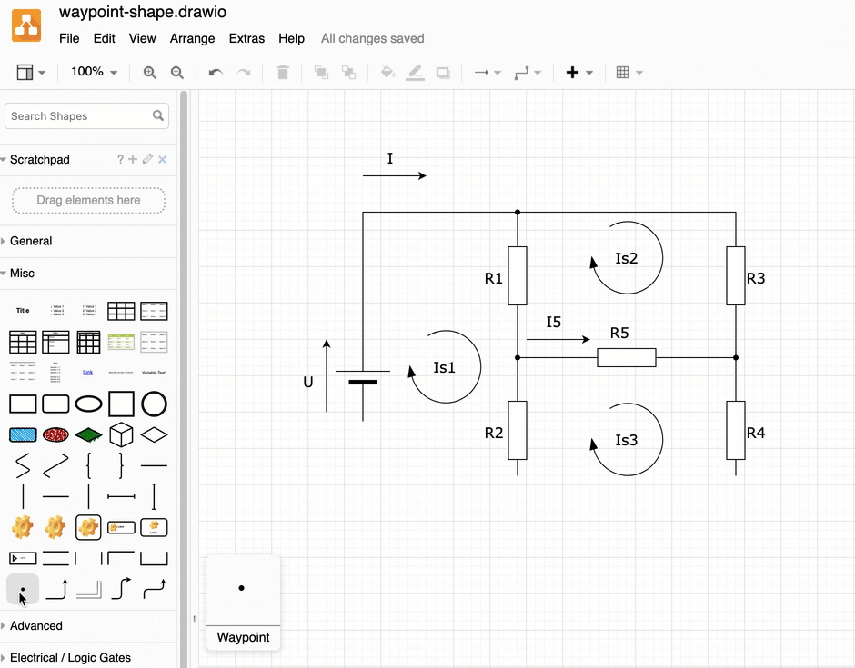 Use waypoint shapes in draw.io to show contact points in electrical circuit diagrams
