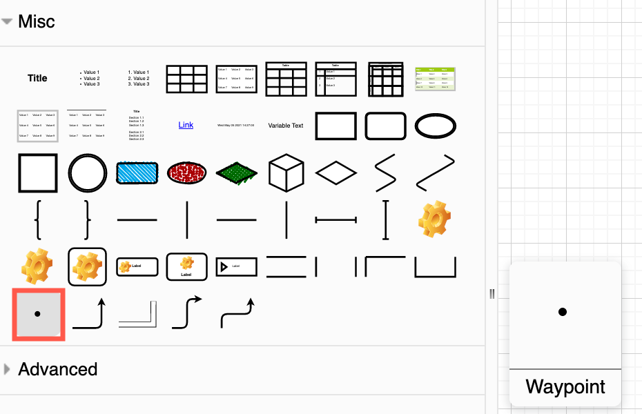 Drag the waypoint shape from the Misc shape library in draw.io