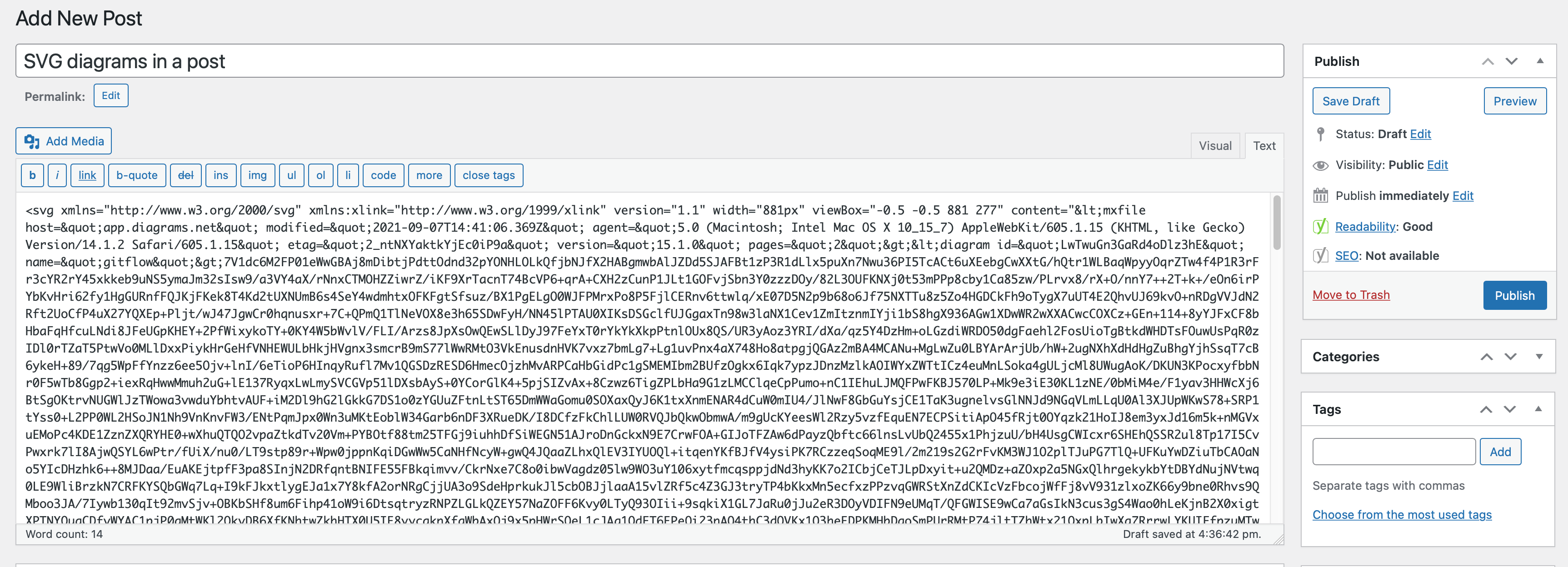 Paste the SVG markup into the text or HTML view of your WordPress page or blog post