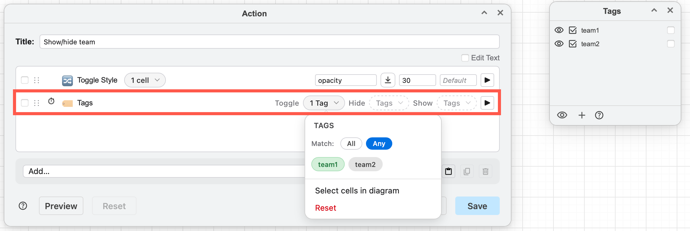 Add a Tag action for more flexibility - this has three lists for the sub-actions Toggle, Hide and Show