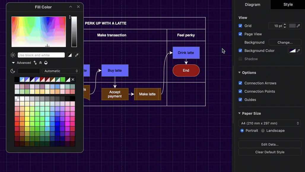 Remove all user-defined adaptive colors if your diagram is not clear when working in dark mode