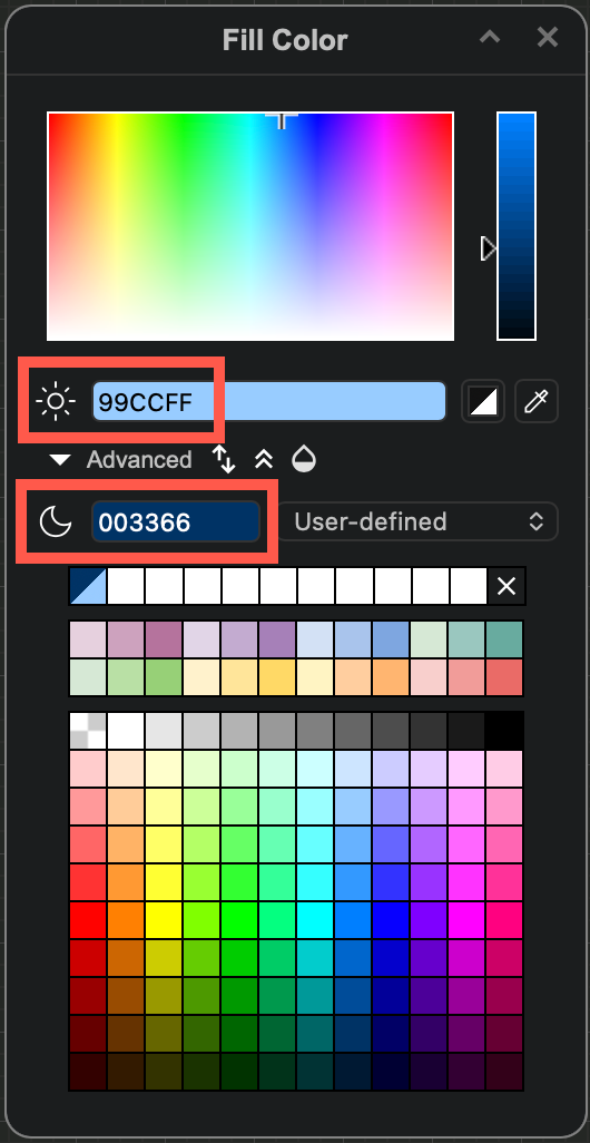 Select one or more shapes and open the colour palette