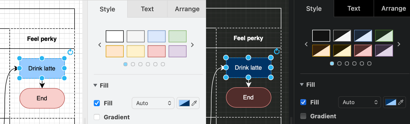 Change the adaptive colours settings on a diagram in draw.io via the Extras menu or the Style tab in the format panel when nothing is selected