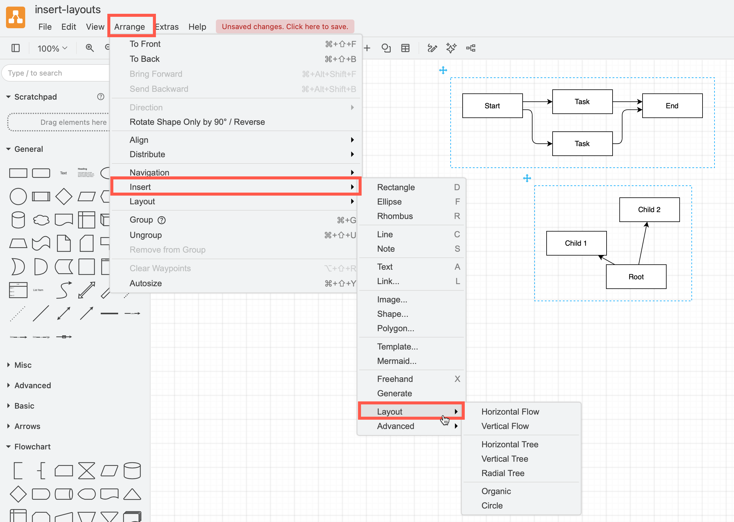 Insert layout container shapes for common types of diagrams