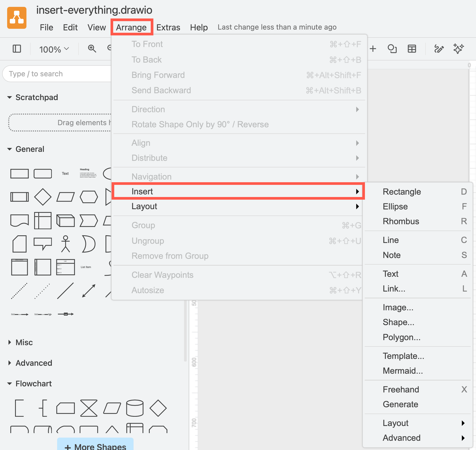 You can insert a wide range of shapes, text, links, layouts, images, templates and more via the Arrange /> Insert menu in draw.io