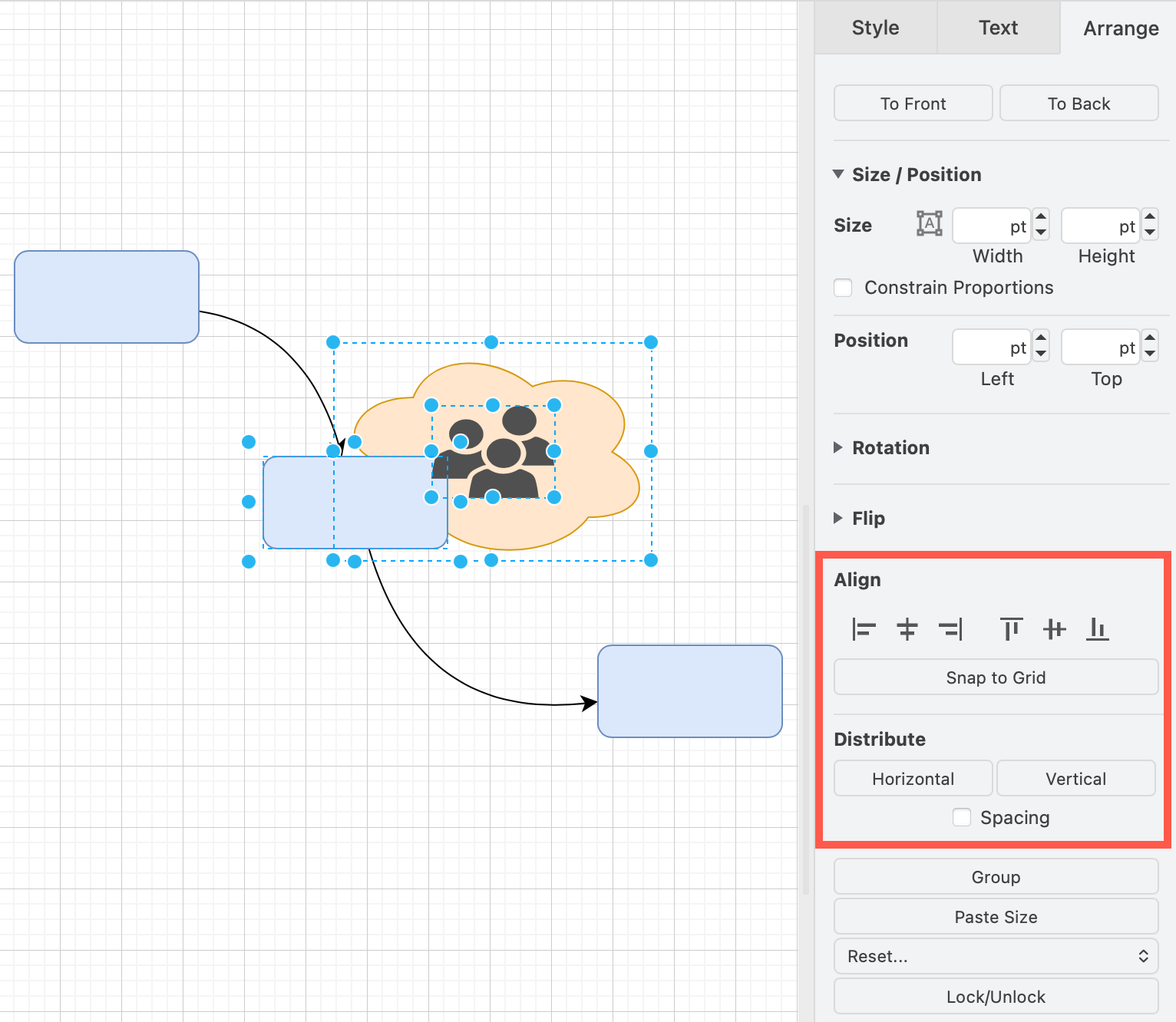 Use the Align and Distribute tools on the Arrange tab to reposition multiple selected shapes with respect to each other