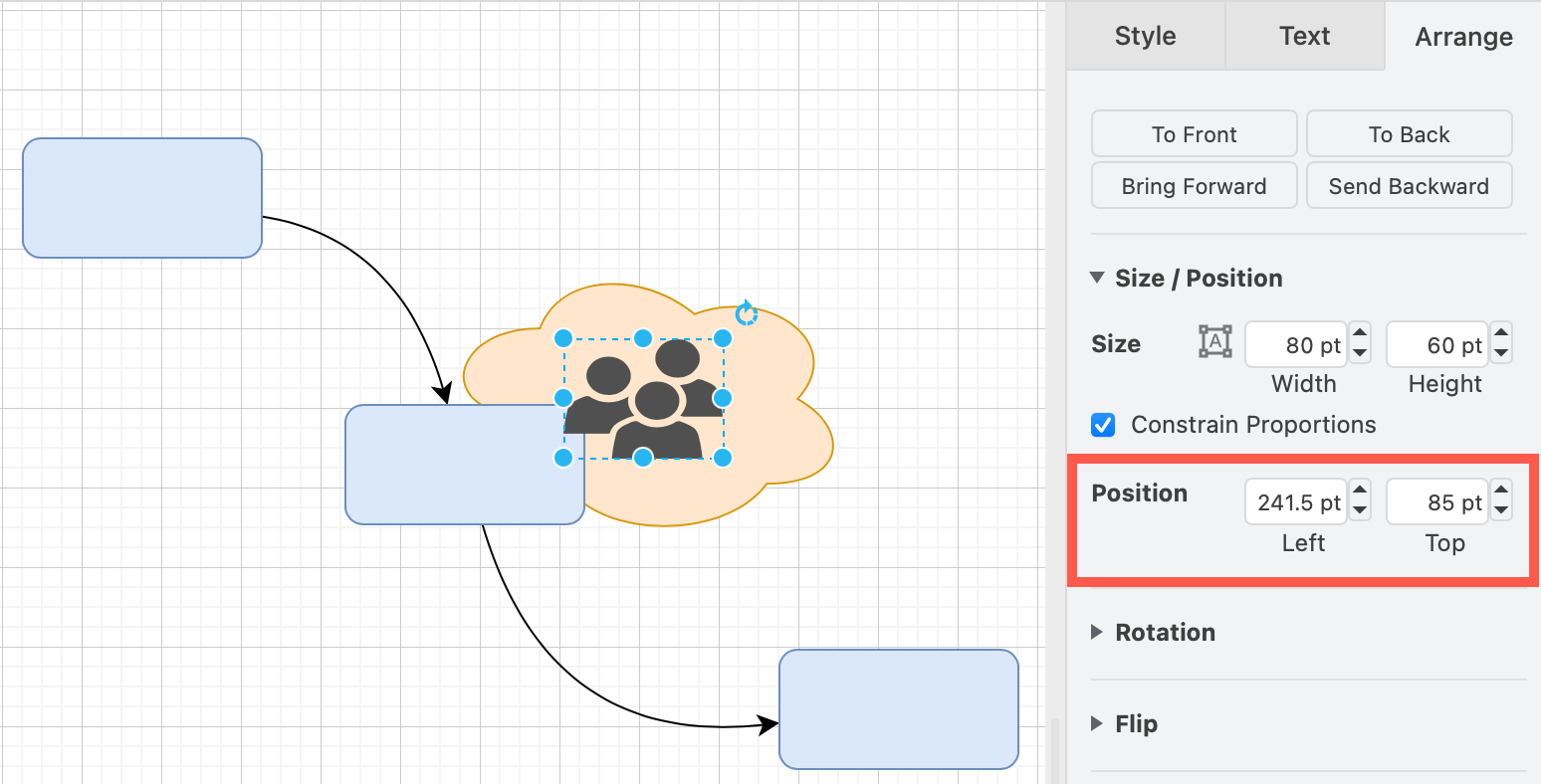 Select a shape, then enter a new exact position to move it on the drawing canvas