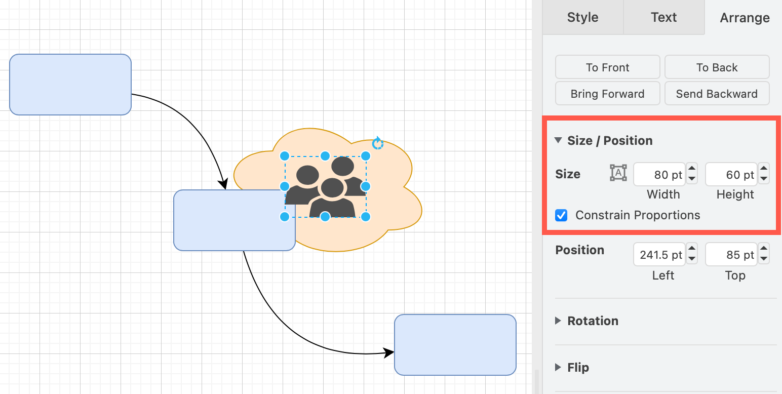 Select a shape, then enter a new size in the text fields to precisely resize it