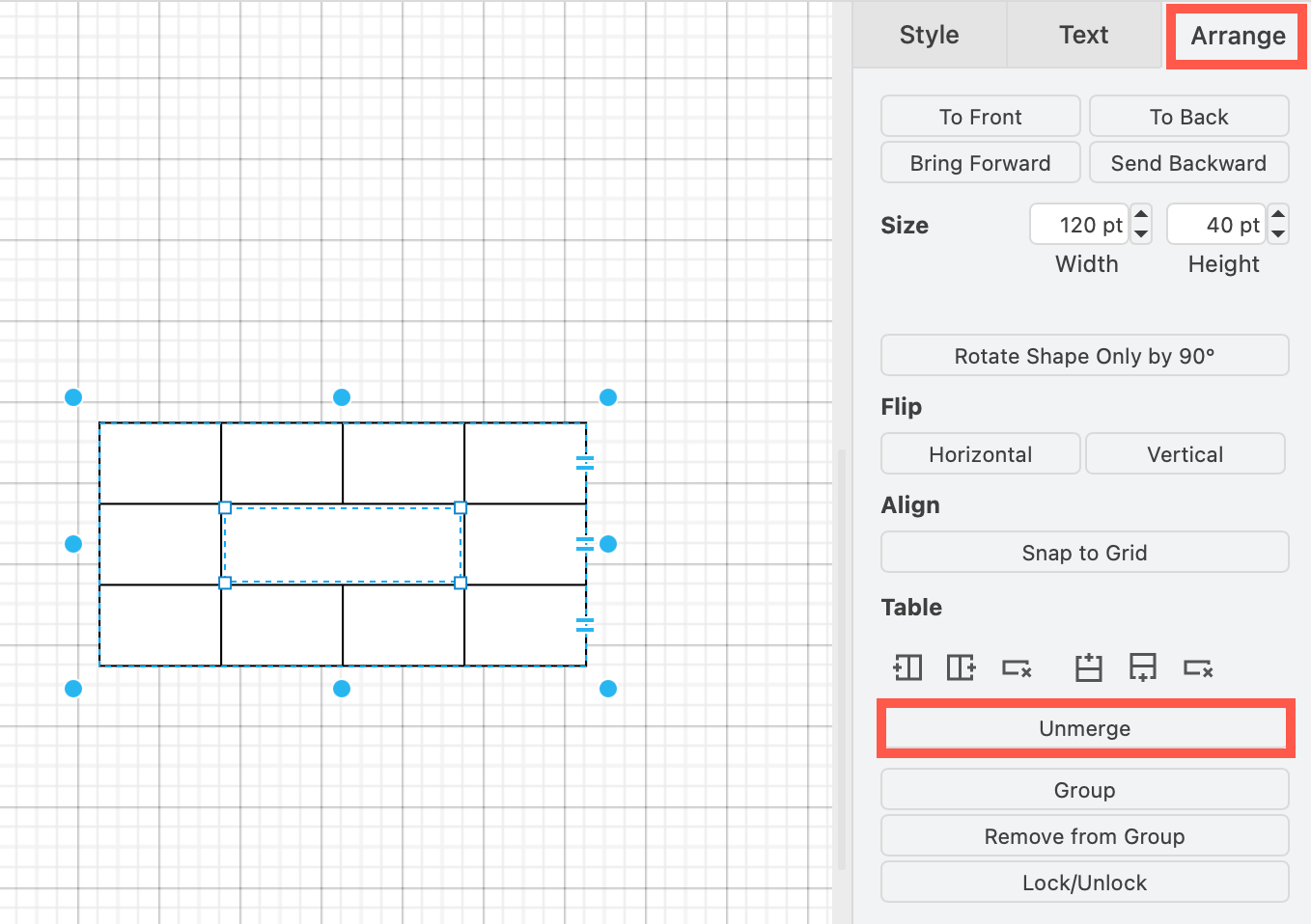 Unmerge table cells in the draw.io and draw.io editor via the Arrange tab in the format panel