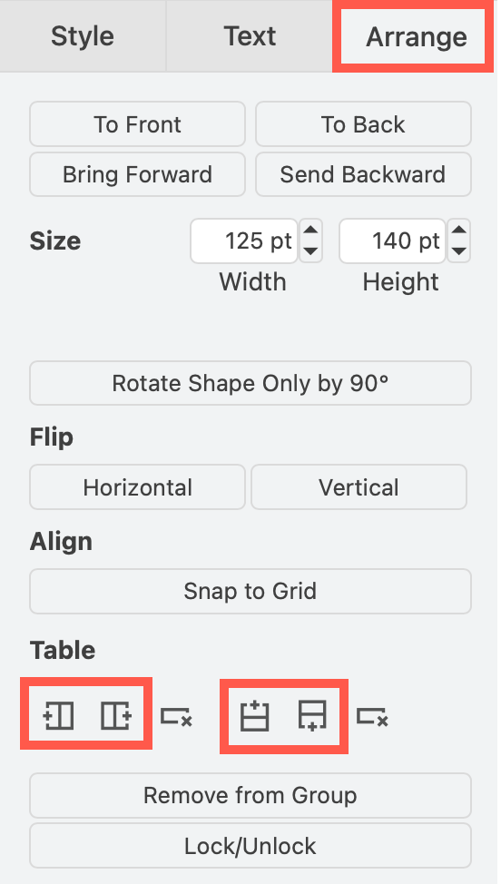 Use the table tools in the Arrange tab in the format panel to insert and delete columns and rows
