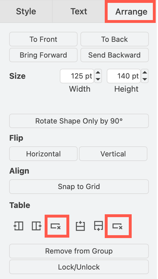 Use the table tools in the Arrange tab in the format panel to insert and delete columns and rows