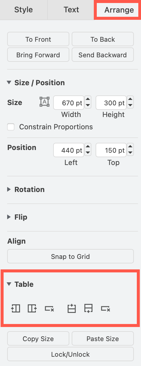 Use the table tools in the Arrange tab in the format panel to insert and delete columns and rows