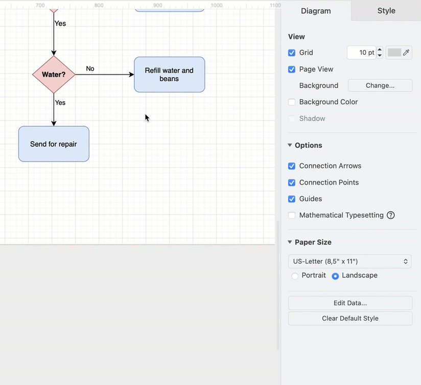 Change the line style, arrow heads and path style of a connector between shapes in draw.io