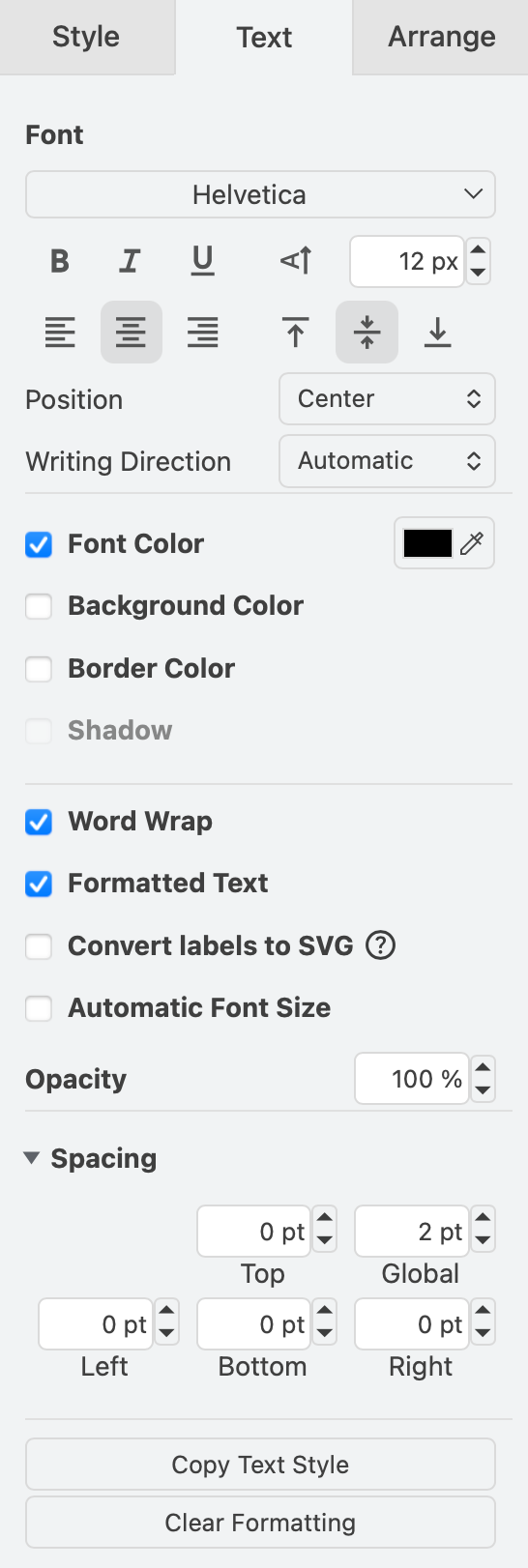 Style label text via the Text tab in the format panel in draw.io