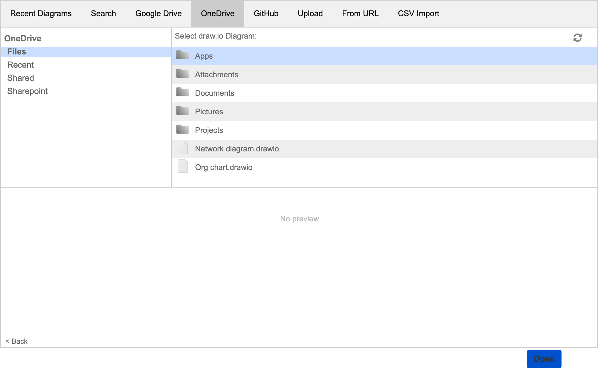 Browse your OneDrive folders to find the .drawio diagram file