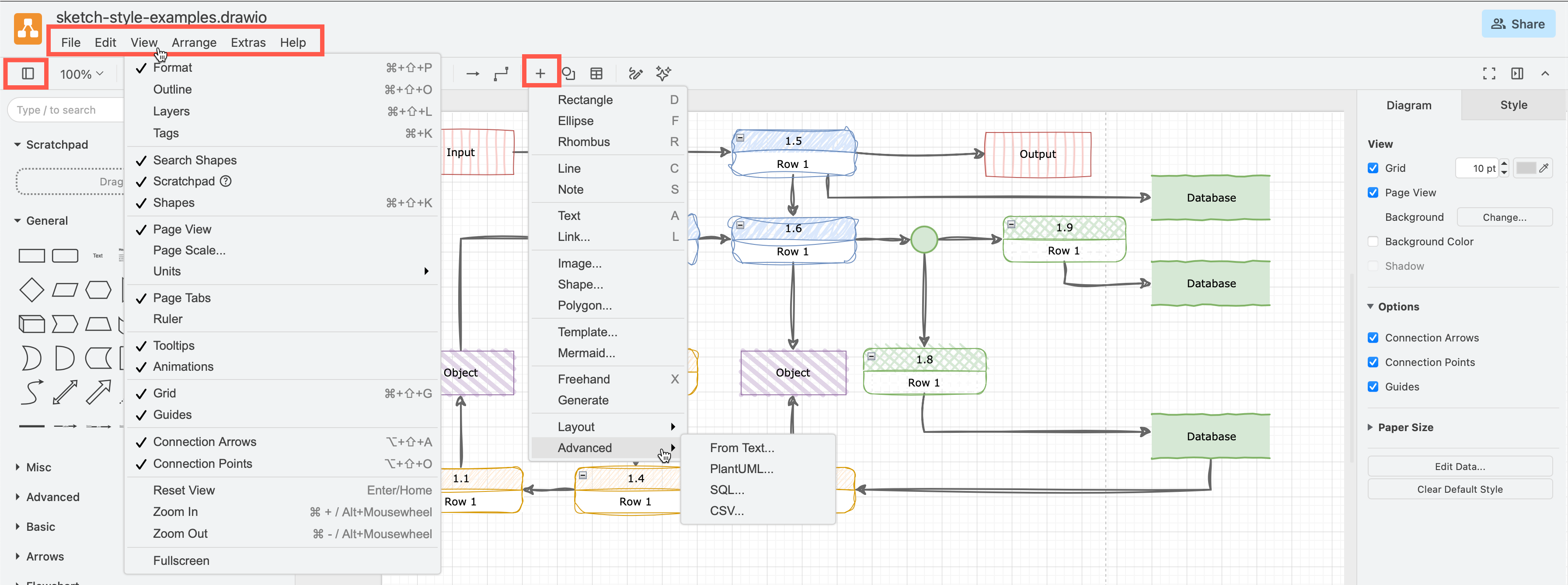 The menus are above the drawing canvas and under + in the toolbar in the Classic editor theme in draw.io