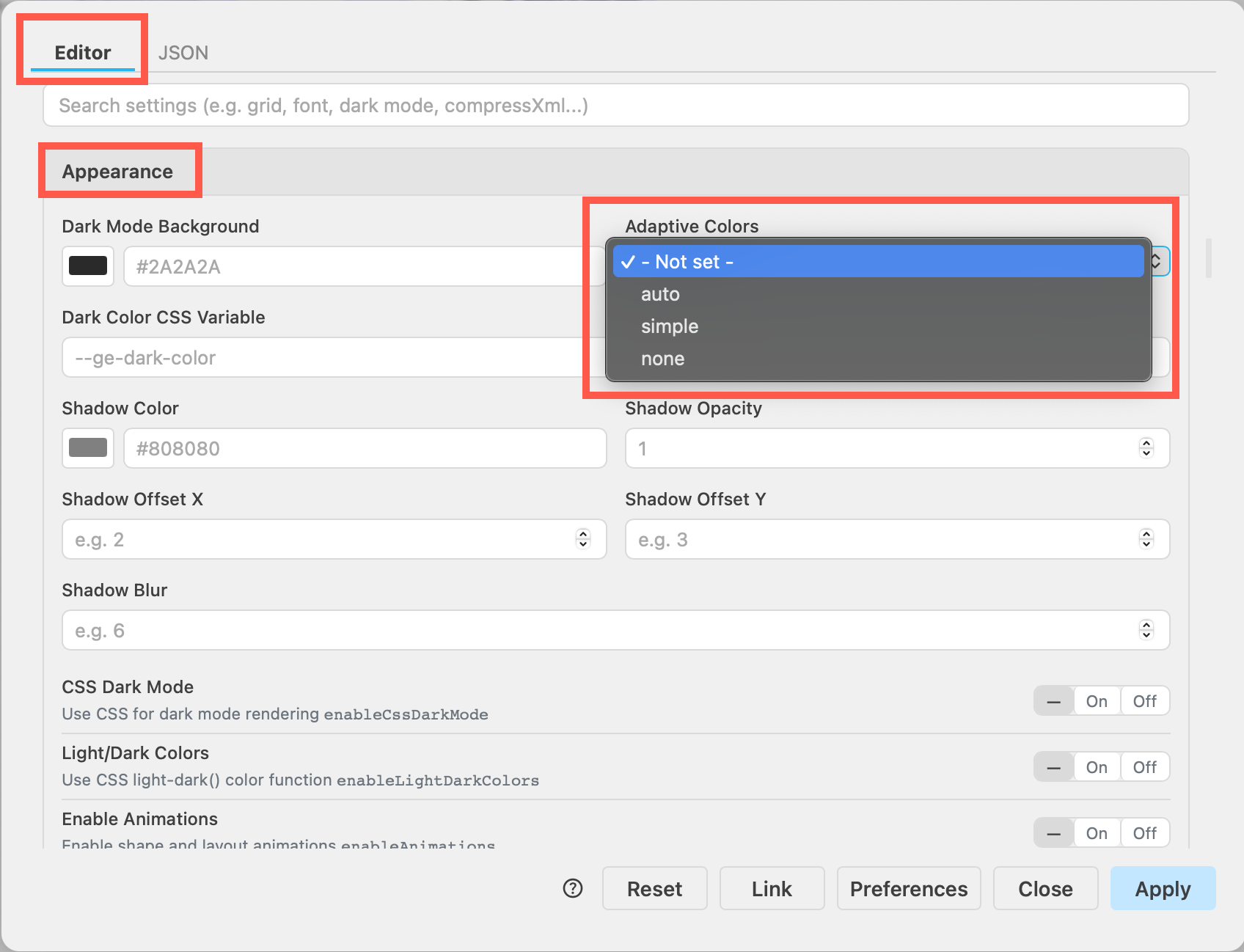 Change the adaptive colours settings via Extras > Configuration in the menu in the Appearance section of the Editor configuration