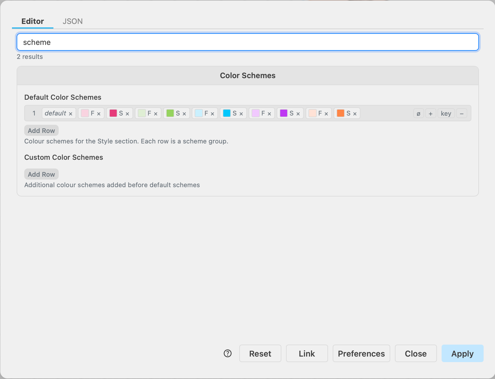 The default and custom colour schemes for the style palette can be changed in the draw.io configuration