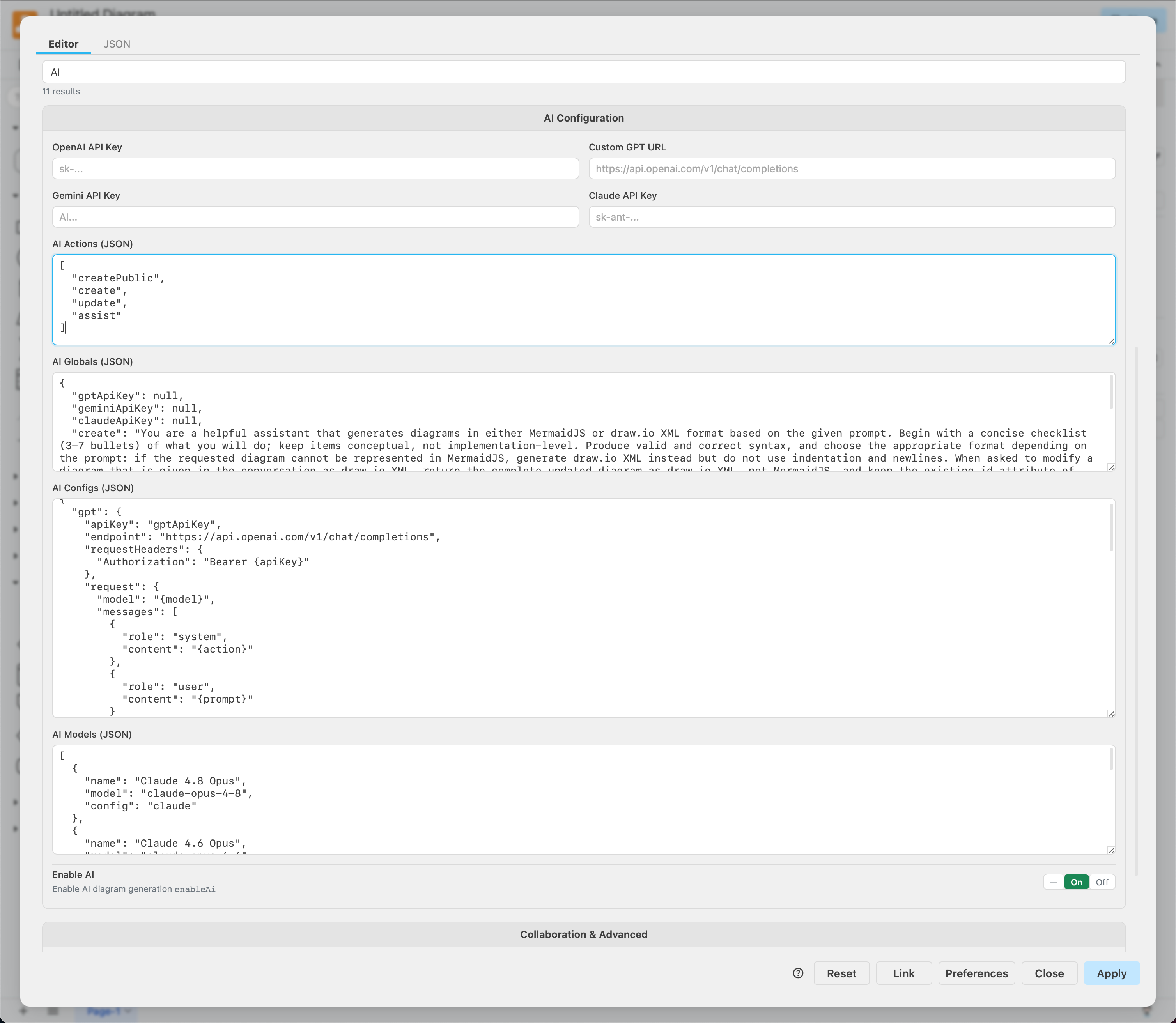 customise the AI models used in diagram generation in draw.io via Extras > Configuration