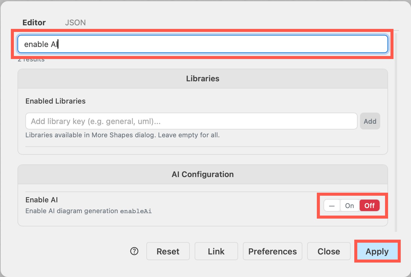 Set the enableAi option to _Off_ in the draw.io configuration to disable Generate tools in the template manage, search, menus, and toolbar