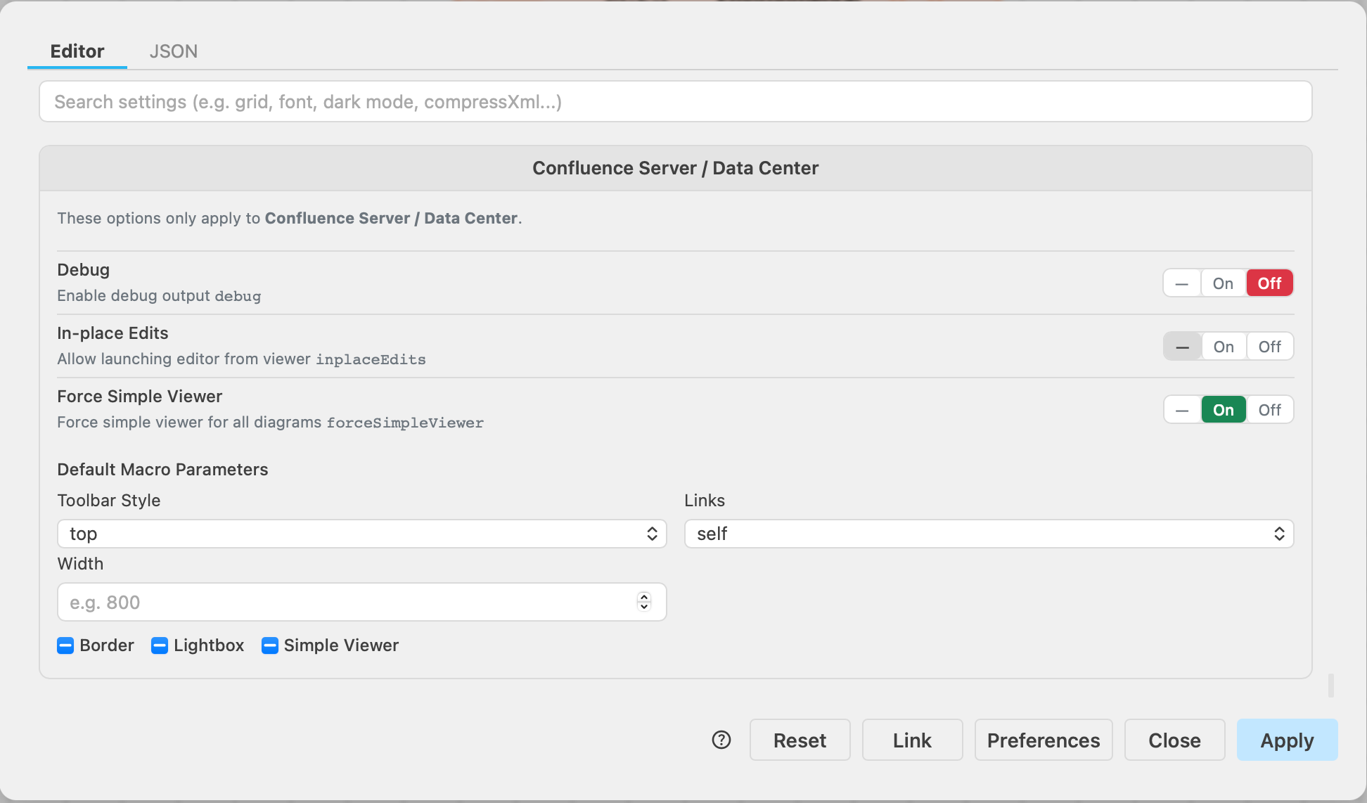 Customise the the editor settings for draw.io in Confluence Data Center/Server via Extras - Configuration