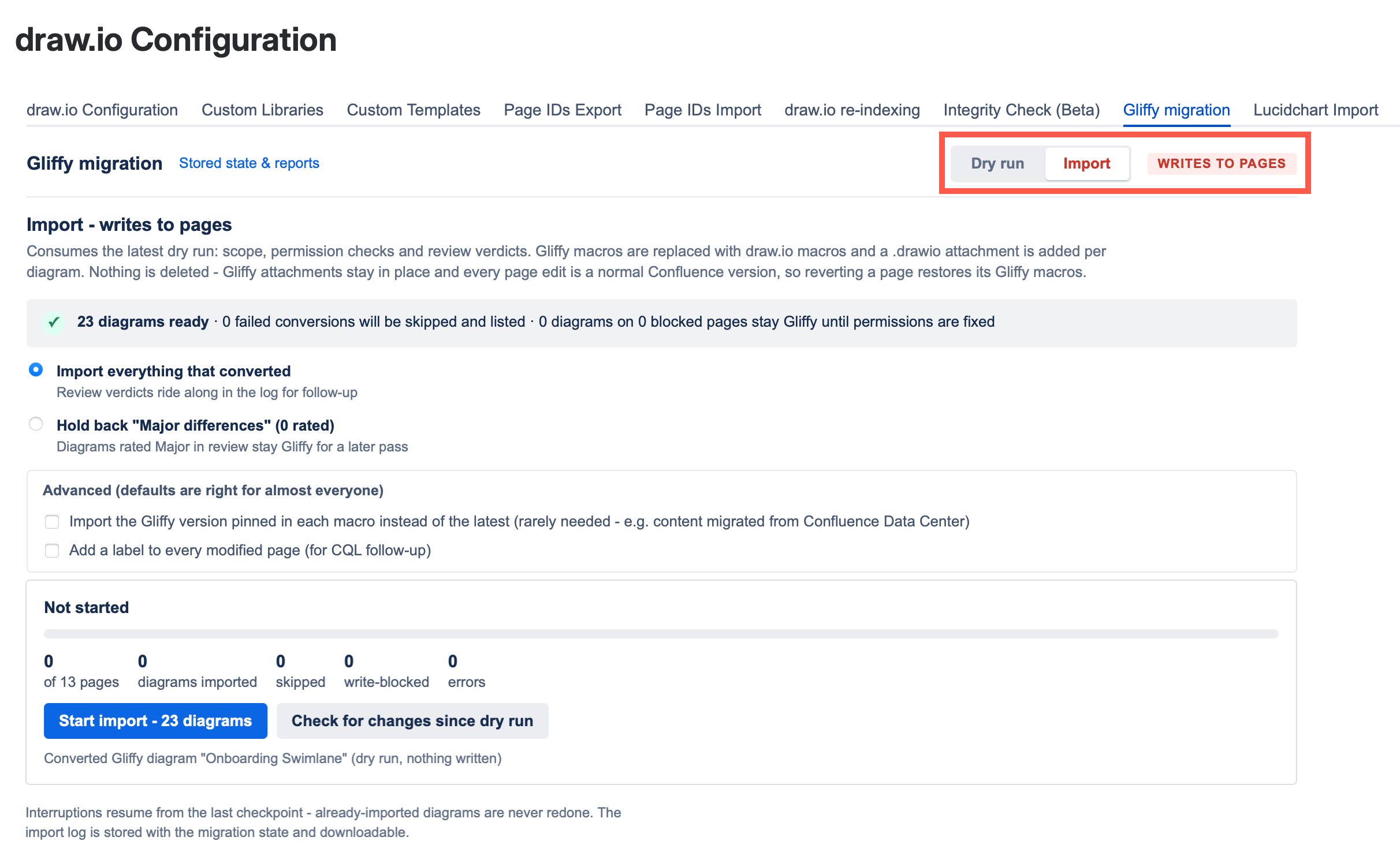 Switch the toggle to Import to convert the Gliffy diagrams in the spaces you have already tested with a dry run