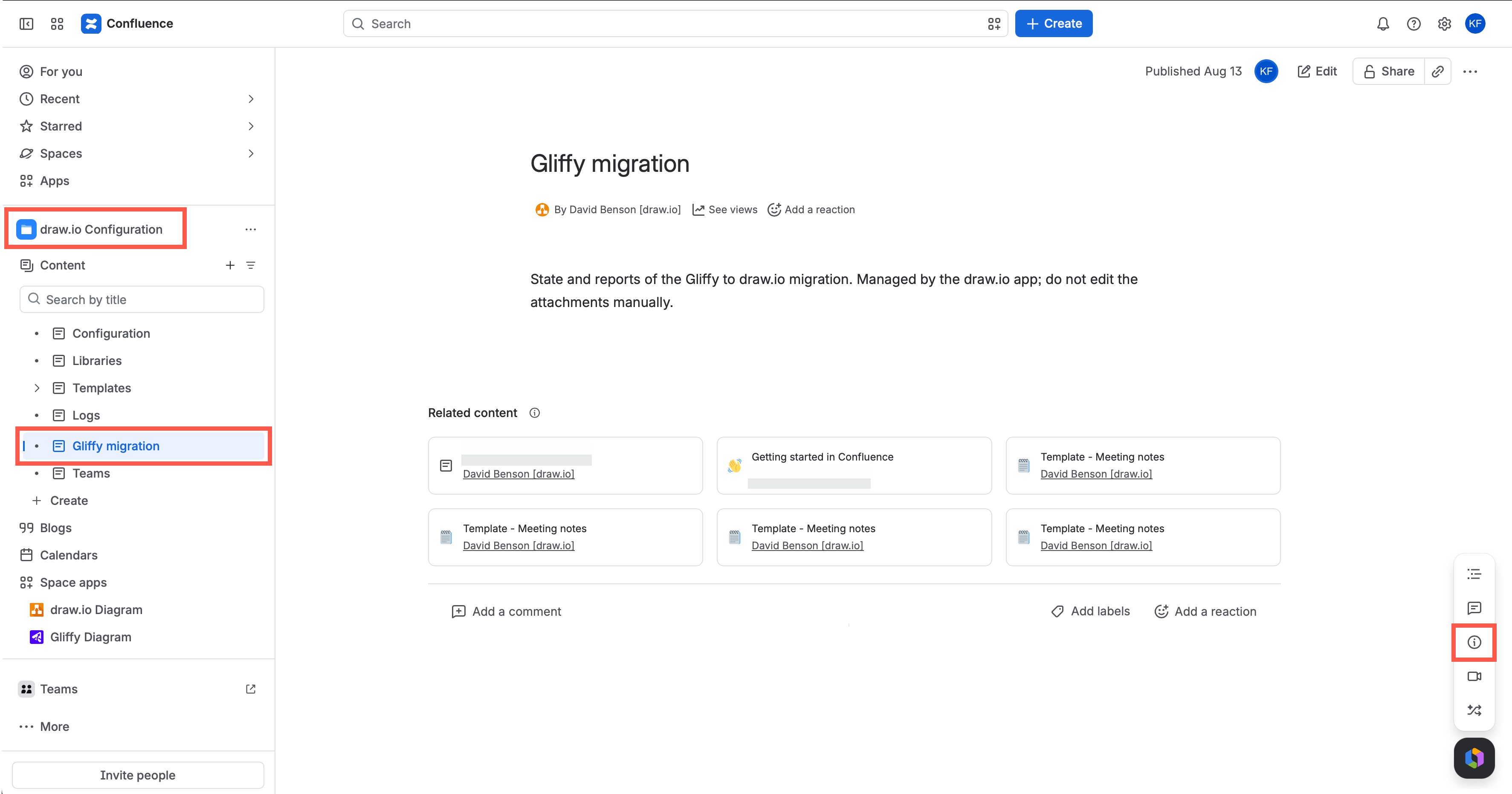 The Gliffy migration dry run and import logs are in the draw.io Configuration space in your Confluence instance
