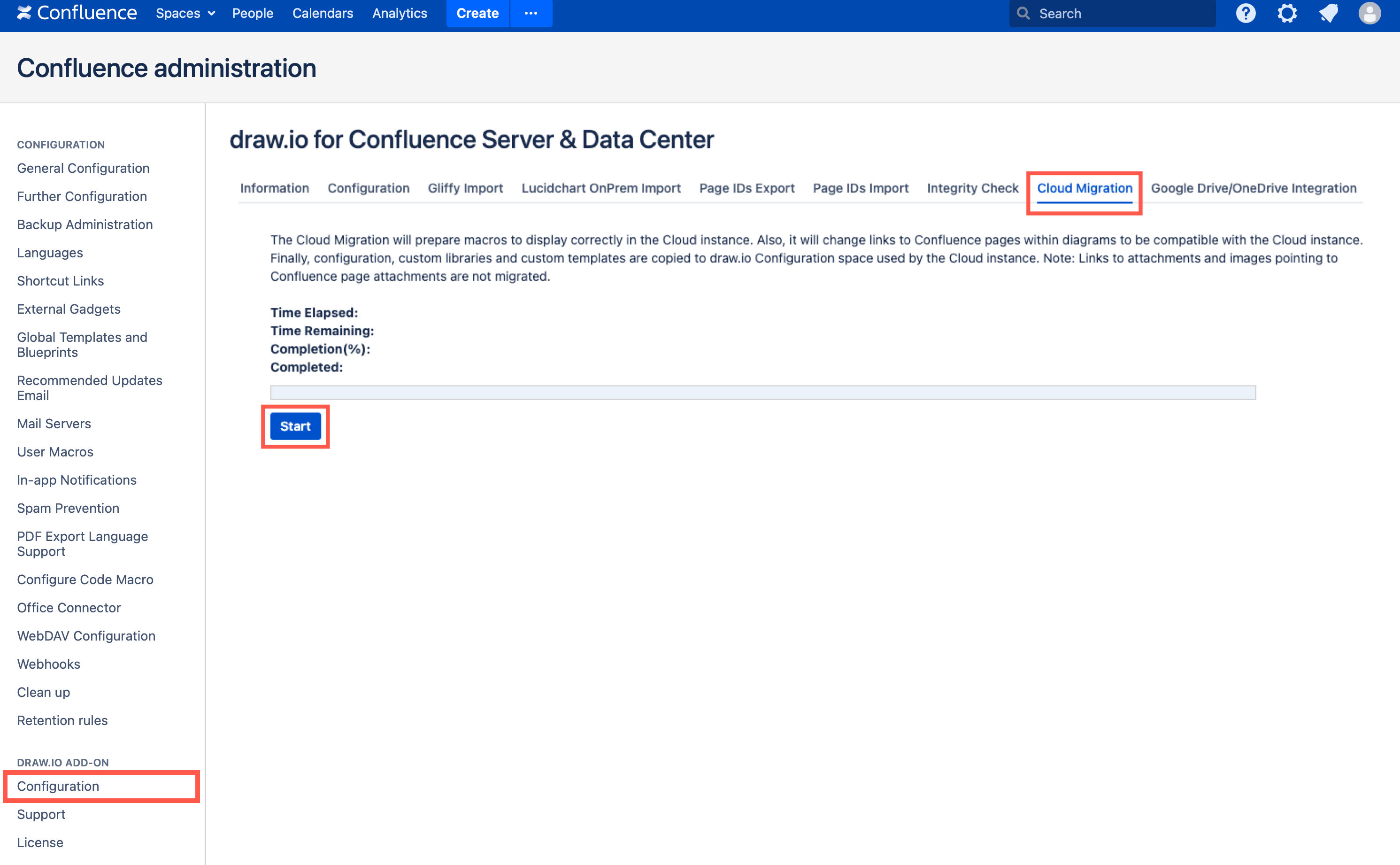 Start the Confluence DC/Server to Cloud migration preparation for draw.io diagrams in the administration area via draw.io add-on /> Configuration > Cloud Migration