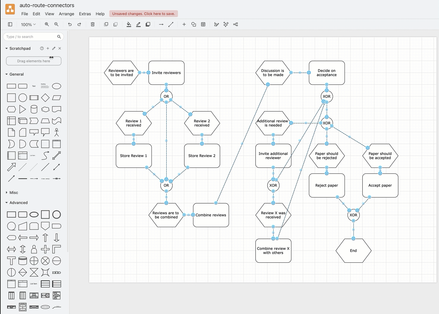 Route selected connectors once only with a specified spacing around the shapes on the drawing canvas via Arrange > Layout > Orthogonal Routing in the draw.io menu