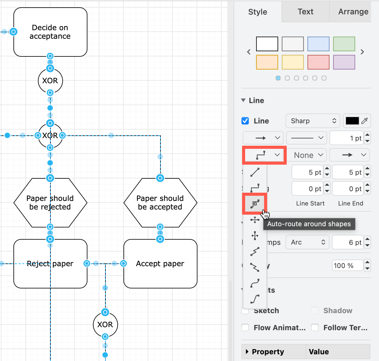 Auto-route selected connectors around shapes by selecting the waypoint style in the Style tab