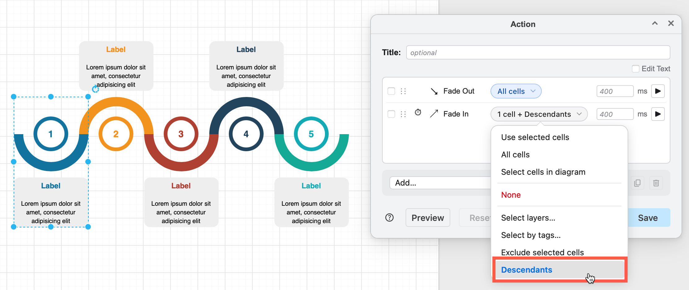 Click add and select an animations to add to the diagram in the Animation custom action dialog