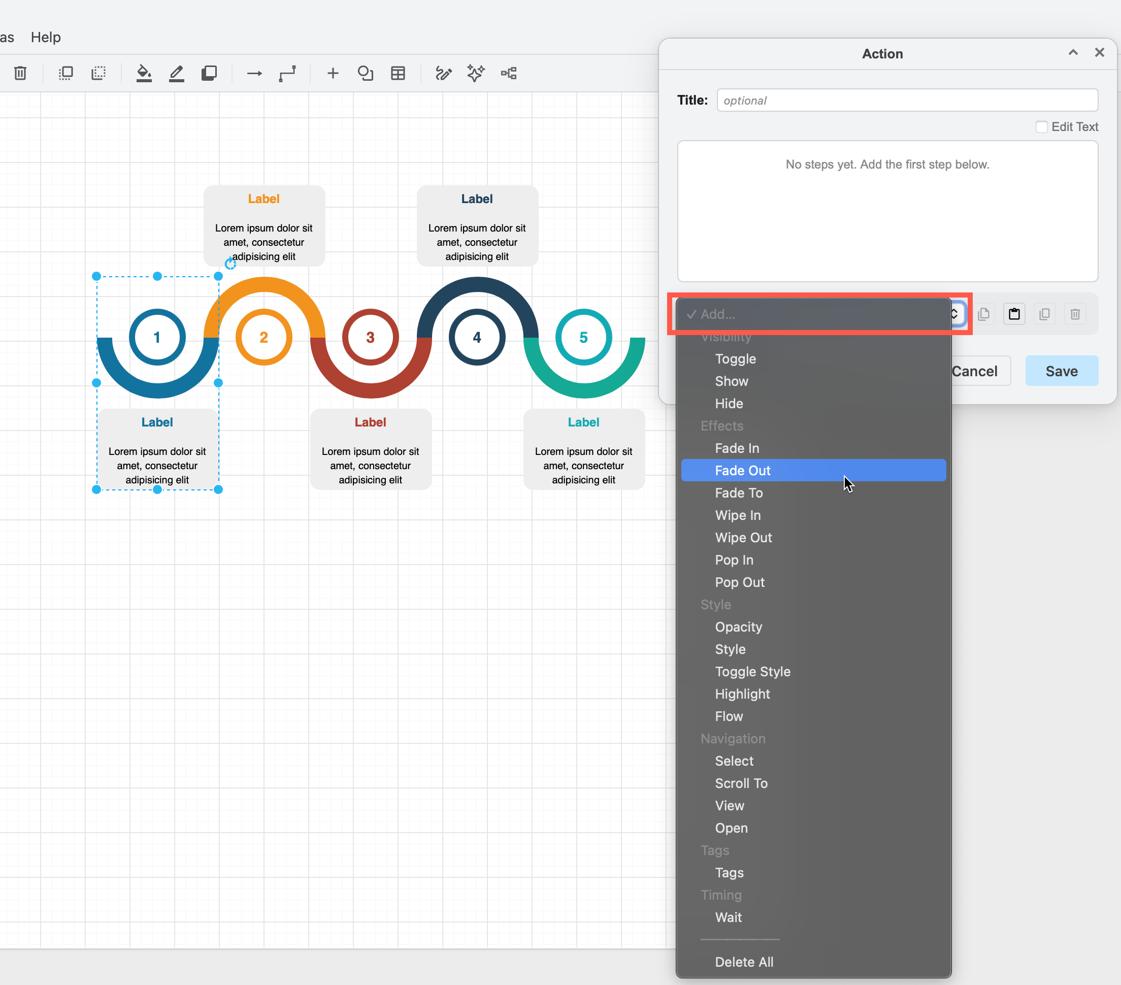 Click add and select an animations to add to the diagram in the Animation custom action dialog