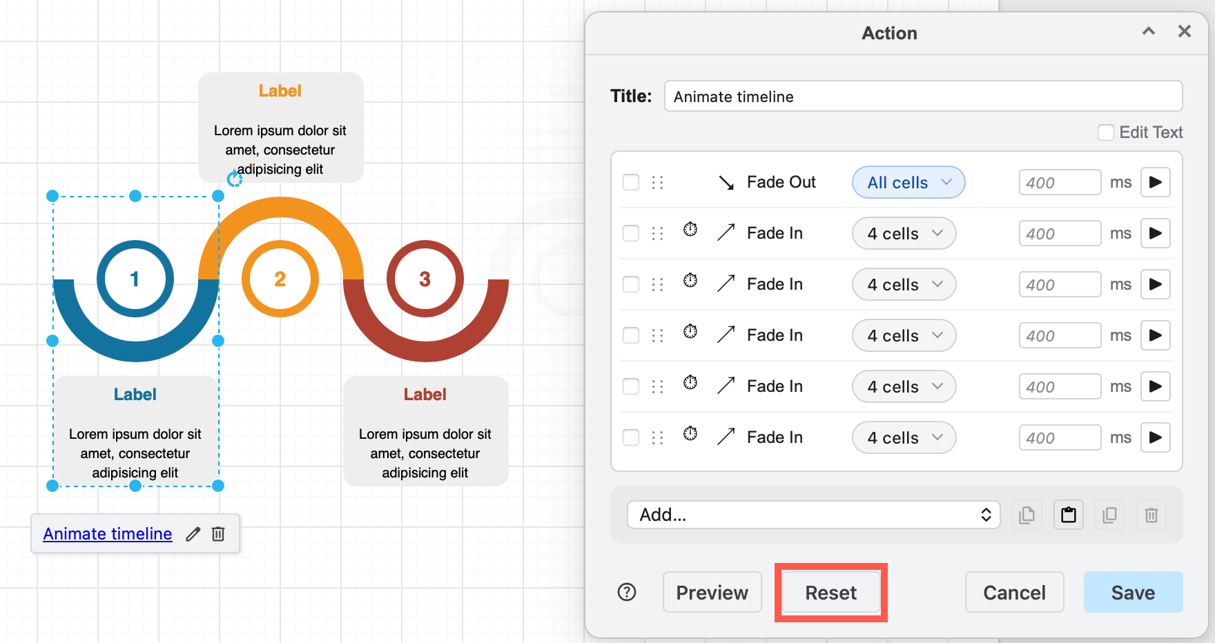 Click Reset at the bottom of the dialog to restore the drawing canvas to its pre-preview state