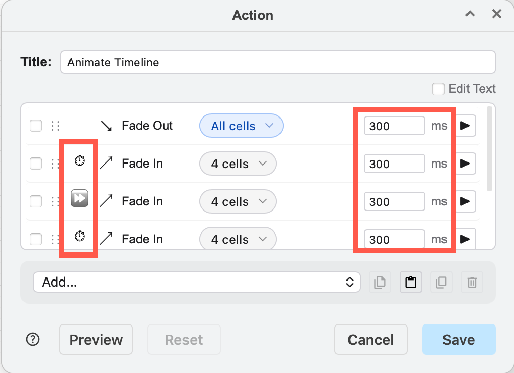 Change an action step to wait for the previous step or play immediately with the previous step by clicking on the timer/double arrow icons, and set a delay in millisecond in the field on the right