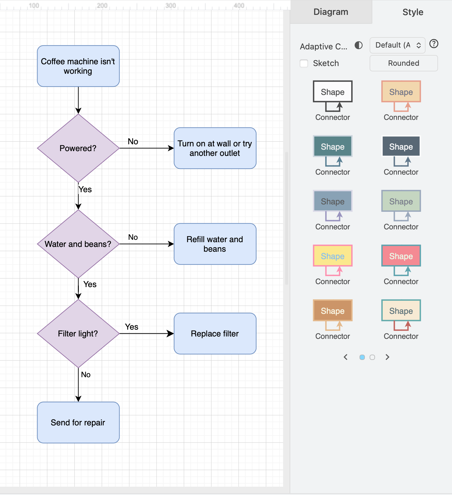 The style options let you globally change the shape, connector and text styles in draw.io