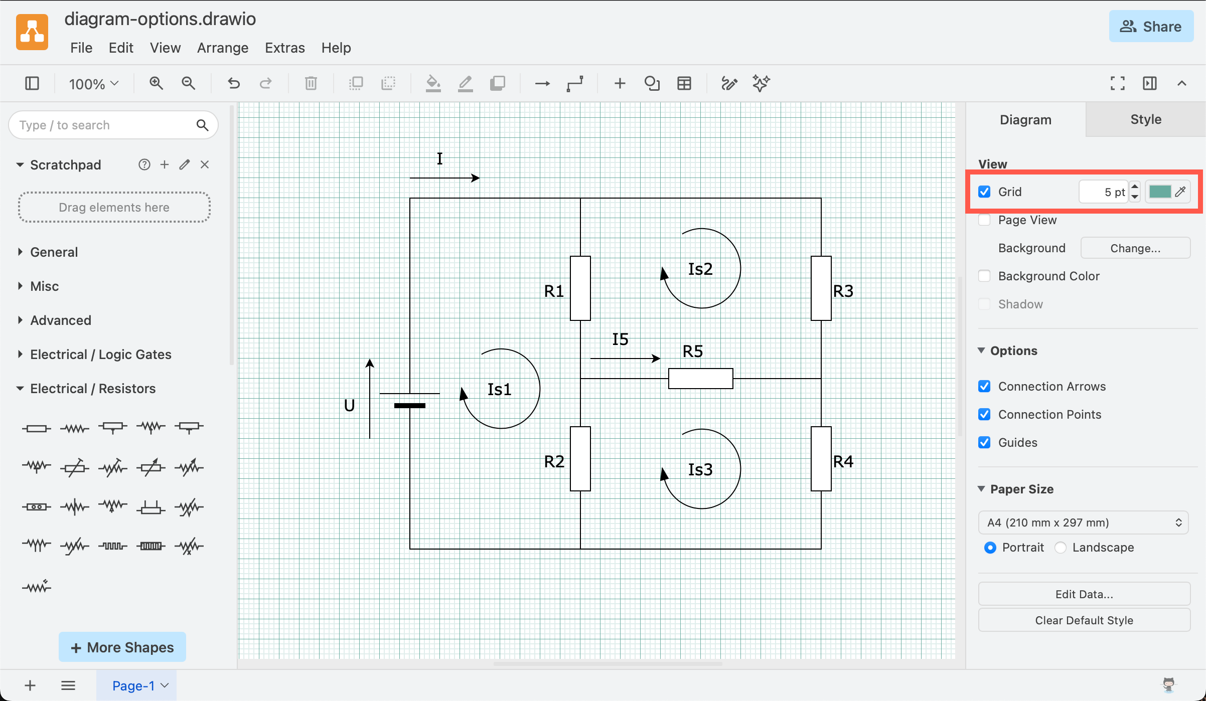 Change how the grid is displayed on the drawing canvas in draw.io