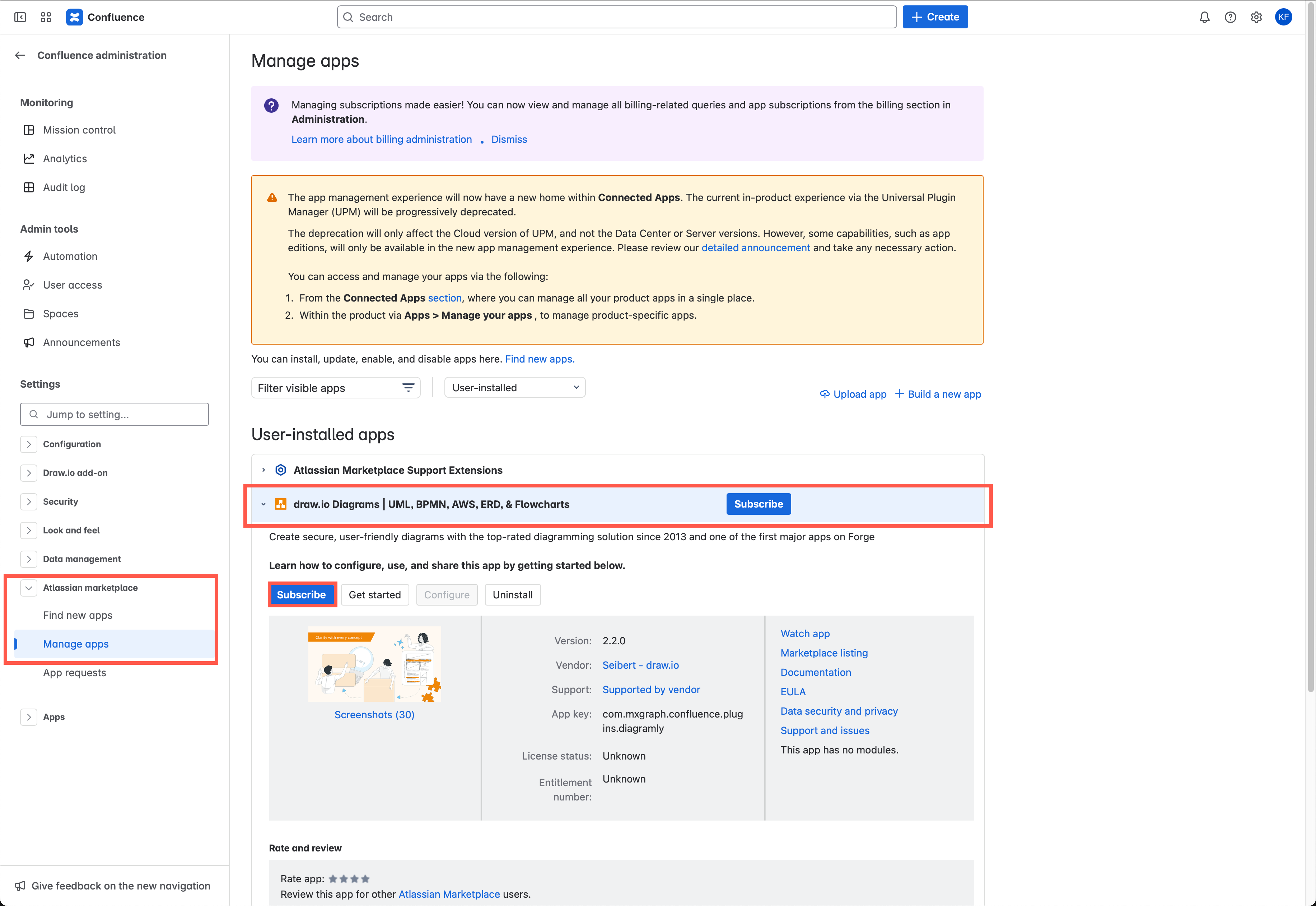 Manage the draw.io app in the Confluence Cloud Settings as an administrator