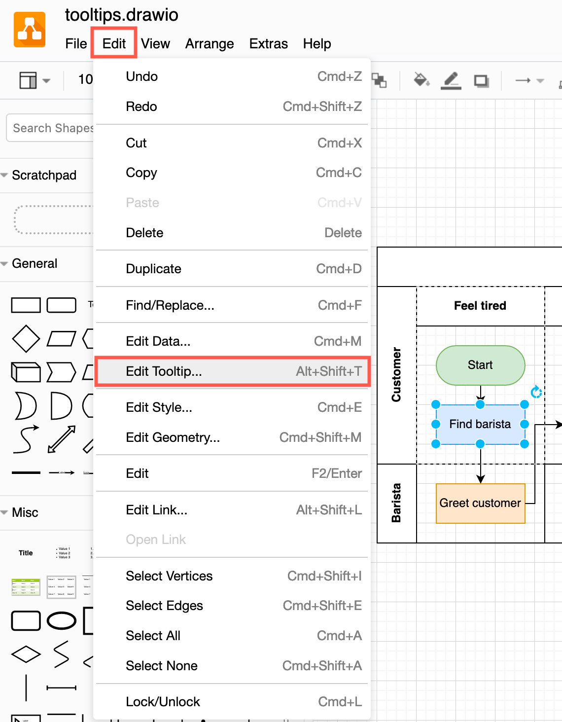 Select the shape or connector and click Edit /> Edit Tooltip to add a tooltip